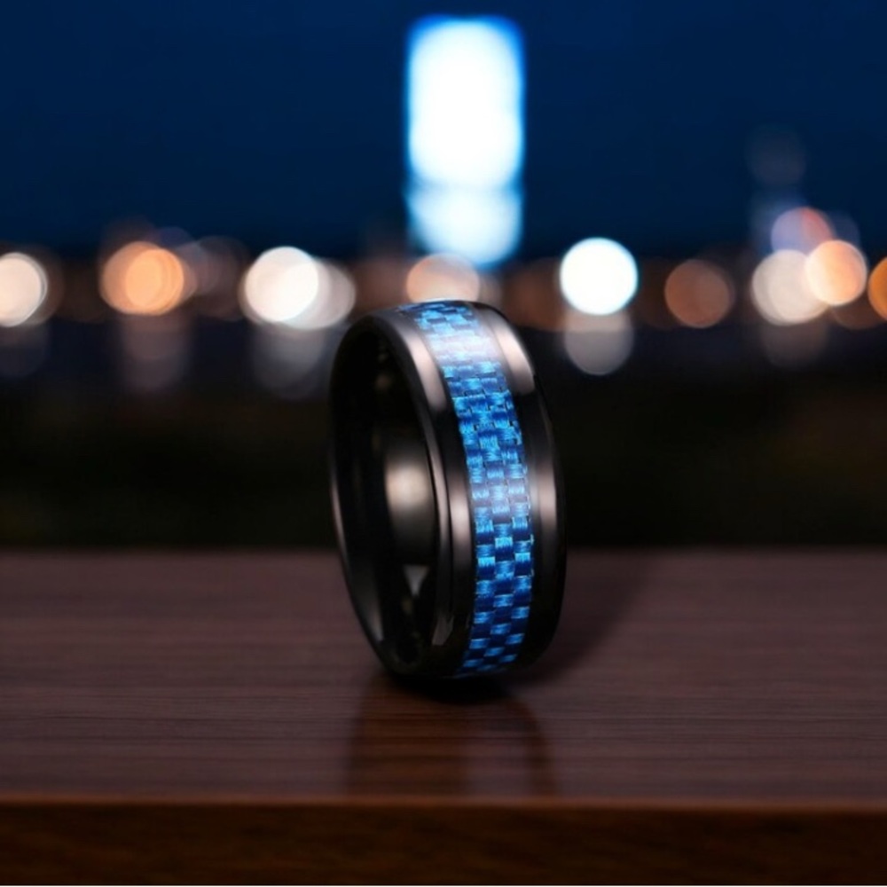 Tungsten Carbide Beveled Edge Black & Blue Fire Carbon Fiber Inlaid Ring Size 14